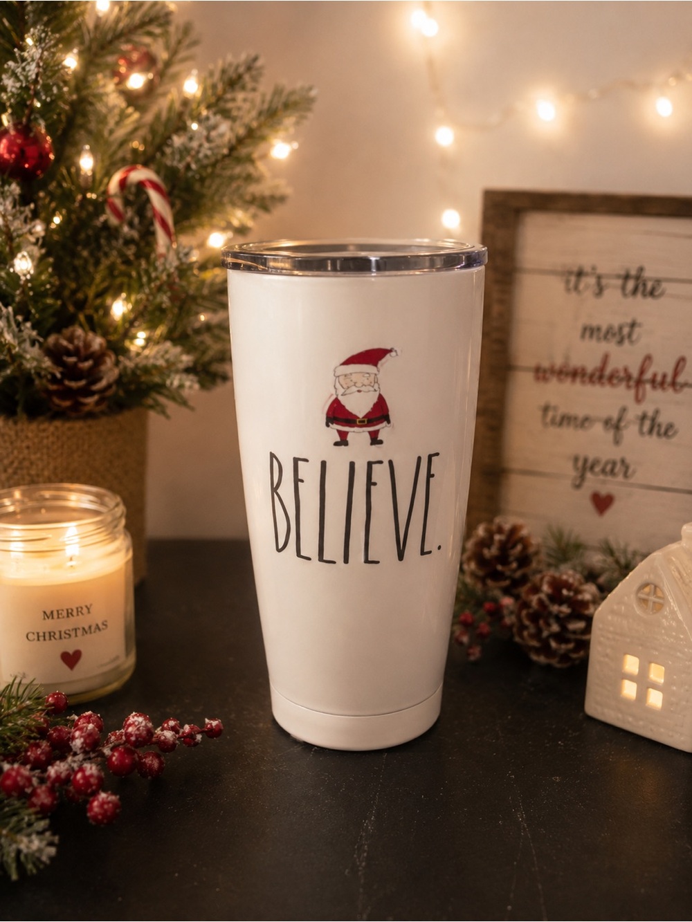 Rae Dunn White 'BELIEVE' Holiday Tumbler with Santa